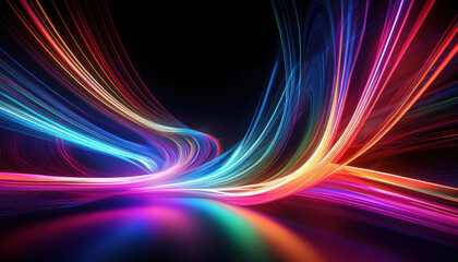 Wave of colorful light line trails of blue, red, green, purple and orange in pitch black background for technology, futuristic, abstract concept