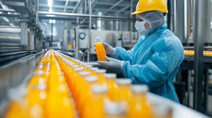 A factory worker inspecting bottles of juice on a production line while wearing protective gear.