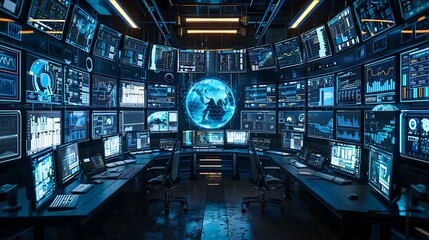 A cybersecurity control room with multiple screens showing real-time data breaches and protection measures.