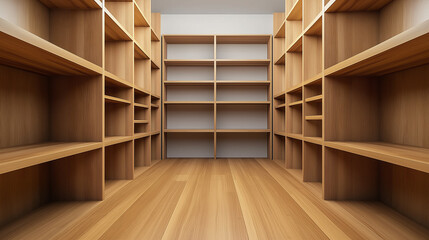 Obraz premium A long corridor of empty wooden shelves in a large storage room or library.
