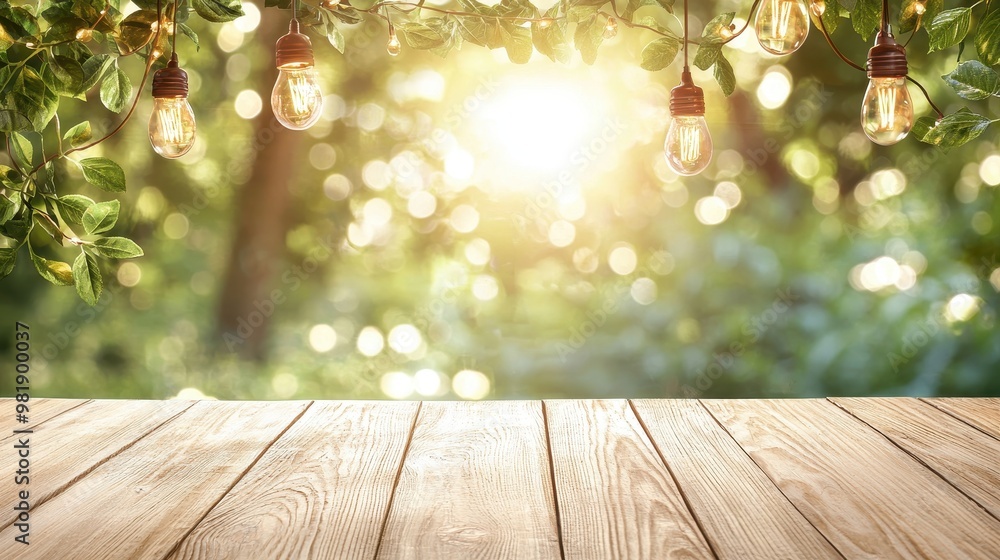 Poster Wooden Tabletop with String Lights and Bokeh Background