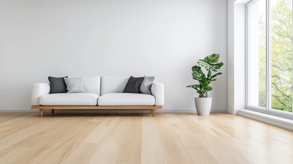 A minimalist living room featuring a white couch, decorative pillows, and a potted plant by a large window with natural light.