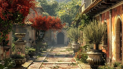Fototapeta premium Mediterranean Courtyard with Stone Architecture and Lush Greenery