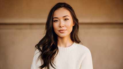 	
Beauty portrait of Asian woman model with long black hair and perfect clear fresh skin wearing white sweater on beige background. Autumn fashion. Skincare, plastic surgery and cosmetic concept.	
