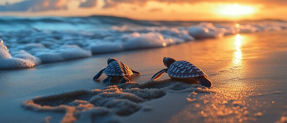 Two baby turtles emerging from the sand, making their way to the ocean at sunset, capturing a moment of natural beauty.