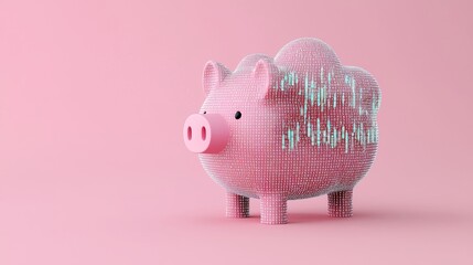 A digital piggy bank made of colorful pixels against a pink background, symbolizing savings and financial growth.