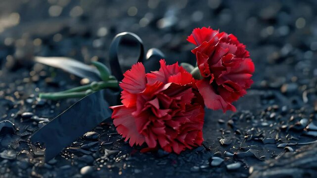 Unique red carnations resting on a black surface with glistening droplets at sunset