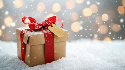 A beautifully wrapped Christmas gift box adorned with red ribbon sits on snowy surface, surrounded by soft, glowing lights. festive atmosphere evokes joy and warmth