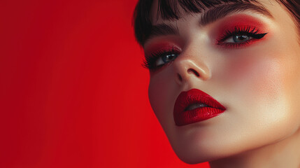 A close up portrait of woman with vibrant red lips and striking eye makeup, set against bold red background, exuding confidence and allure