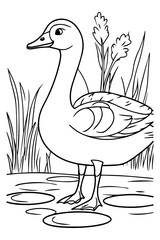 Goose in a Pond Coloring Page, for coloring books or educational materials about birds
