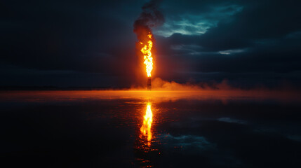 A nighttime shot captures flare stack illuminating dark sky, reflecting beautifully on waters surface. scene evokes sense of awe and wonder