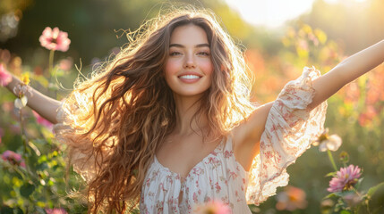 A vibrant portrait of woman with long wavy hair, smiling joyfully in flower field, surrounded by colorful blooms and warm sunlight