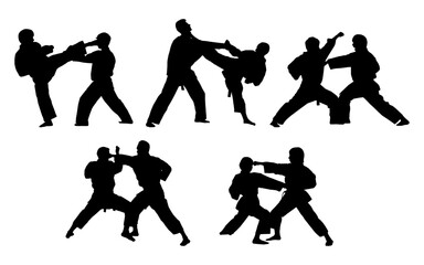 set of karate practice with vector silhouette 