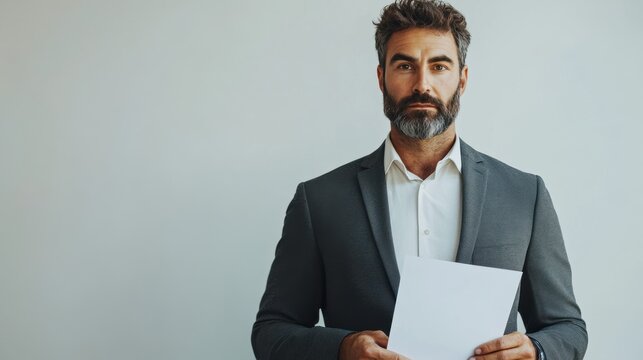 Confident professional in sleek attire, poised with resume, minimalist white backdrop, ideal for career and recruitment concepts