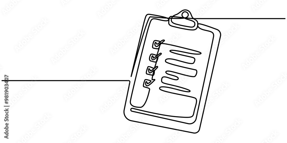 Poster clipboard with checklist and pen in one continuous line drawing. to do list with ticks and concept f
