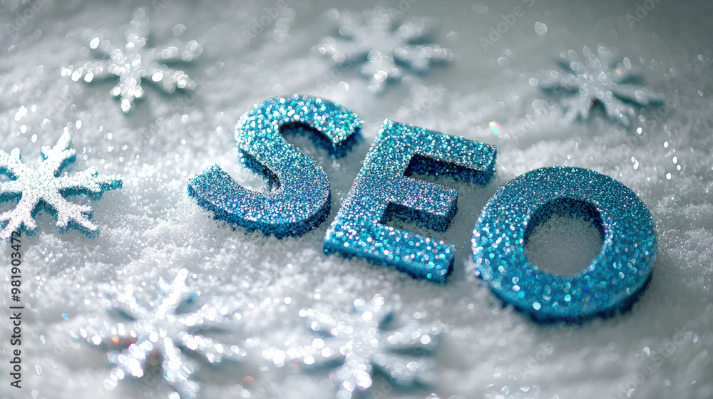 Poster seo written in festive script font with snowflakes creates cheerful winter atmosphere. sparkling let
