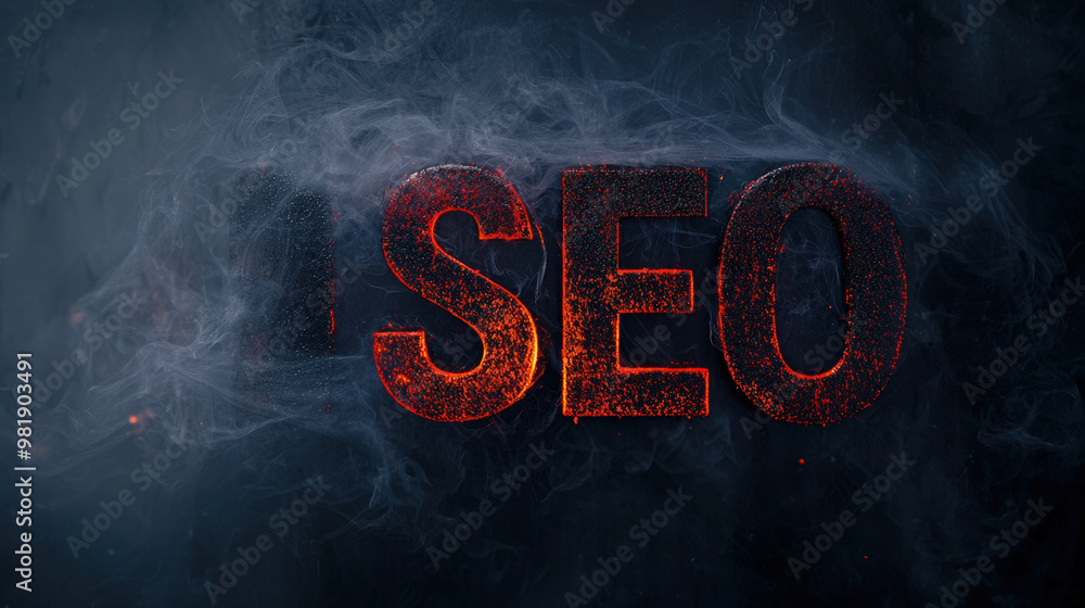 Poster seo is depicted in striking gothic font, surrounded by subtle smoke, creating dramatic and captivati