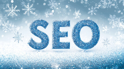 SEO written in festive script font, surrounded by sparkling snowflakes, creates cheerful winter atmosphere. This image captures essence of holiday spirit and digital marketing