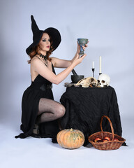  portrait of beautiful female model wearing glamorous black witch dress, pointy hat halloween...