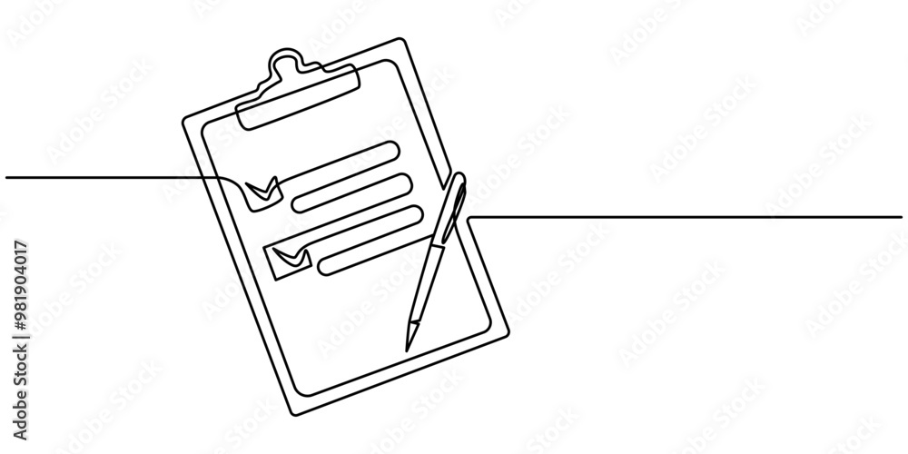Poster clipboard with checklist and pen in one continuous line drawing. to do list with ticks and concept f