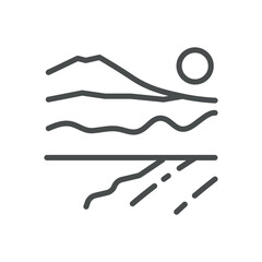 Fuji Mountain Icon. Thin Line Illustration of Japanese Mount Fuji with Sun and Landscape. Minimalist Vector Sign for Travel, Scenery, and Nature.