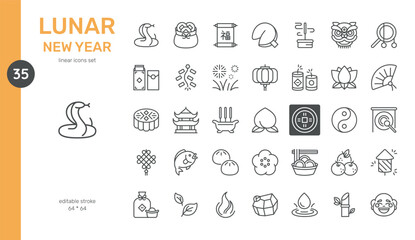 Lunar New Year Icons Set. Chinese New Year Celebration Line Art Symbols for 2025 Year of the Snake. For Korean New Year or Vietnamese Tet Traditional Holidays