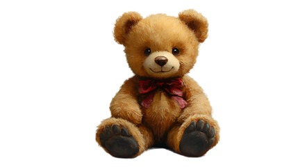 Obraz premium A brown teddy bear adorned with a vibrant red bow, sitting cheerfully against a soft background.