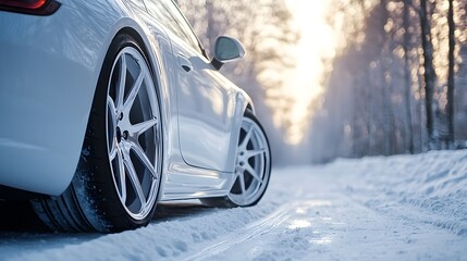 White clean car with big front wheels on winter road, Generative AI