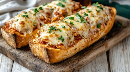 Garlic bread filled with chicken parmesan on wooden board