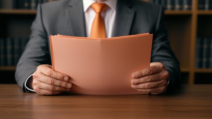 A formal individual reviewing documents in a business setting, with a focus on professionalism and organization.