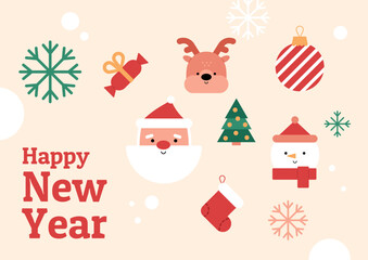 New Year banner with cute characters and simple elements. Santa Claus face, deer, snowman, sock and snowflakes on light background. Vector Christmas illustration.