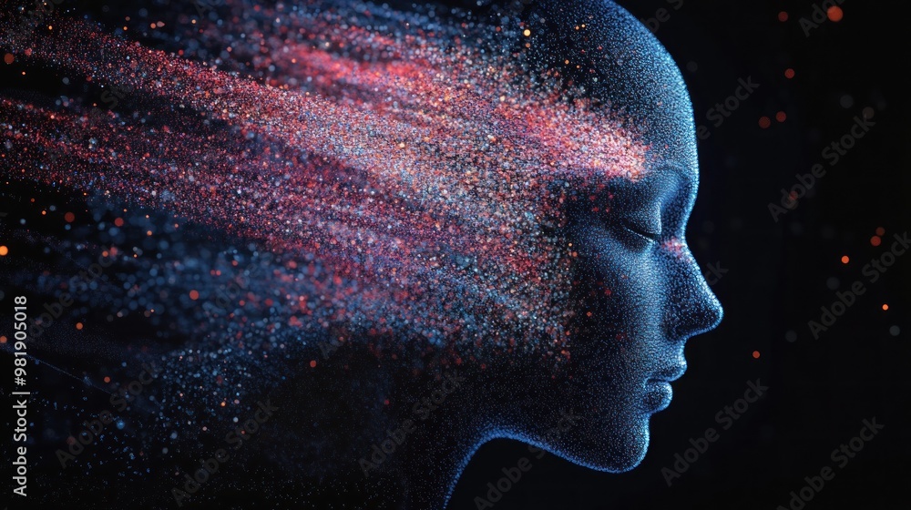 Sticker Digital Portrait with Red and Blue Particles