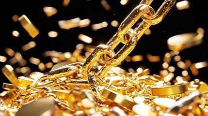 Golden Chain Links Falling on Pile of Gold Bars