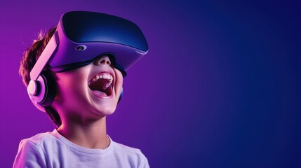 Excited Kid Wearing VR Headset Experiencing Virtual Reality