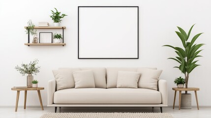 Minimalist Living Room Interior Design with Sofa  Plants  and Picture Frame Mockup