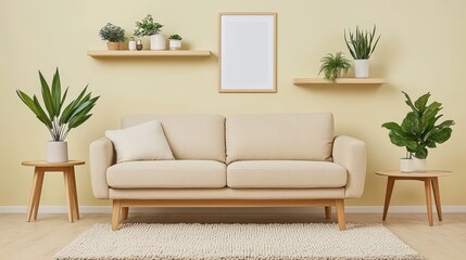 Modern Living Room Interior Design with Sofa  Plants  and Wooden Shelving