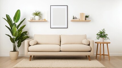 Modern Living Room Interior Design with Beige Sofa  Plants  and Wooden Shelving