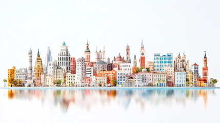 Obraz premium A vibrant city skyline with diverse architecture reflecting on calm water...