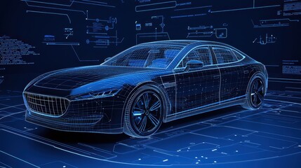 D Wireframe Car Model Digital Design Futuristic Technology