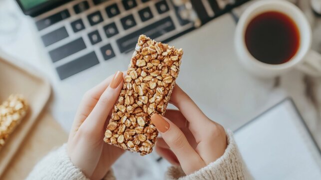 woman holding tasty healthy granola bar working with computer at light table, top view, 16:9