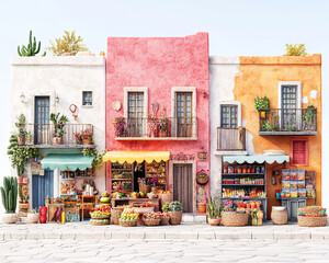 Colorful street market stalls with fresh produce and rustic decor.
