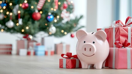 A cheerful piggy bank sits beside colorful gifts, set against a festive Christmas tree, embodying the spirit of holiday savings and gift-giving.