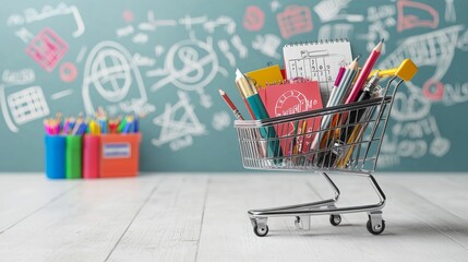 A shopping cart filled with colorful stationery items stands against a vibrant backdrop of doodles, representing education and creativity.