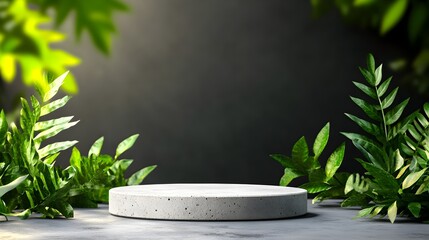 A minimalist display platform surrounded by lush green leaves, creating a serene, nature-inspired backdrop for showcasing products or artwork.