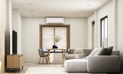 Minimalist and modern living room with warm tones and simple furniture, offering a relaxing atmosphere. Brightened by natural light through wooden blinds on large windows. 3D rendering cozy design.
