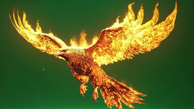 Majestic eagle with fiery wings is soaring through the air, its golden feathers glowing with intense heat. Perfect for fantasy and mythical projects