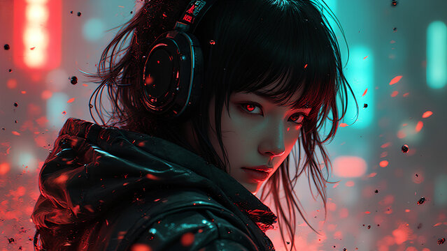 Cyber Punk cyborg hacker woman portrait highly detailed Mayhem style splattered Silhouette