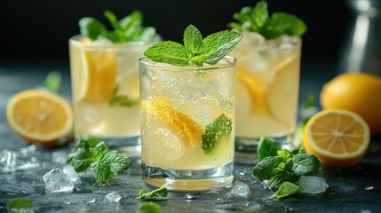 Refreshing lemonade with mint leaves, simple light-gray background