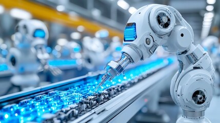 Fototapeta premium A robotic arm works on a conveyor belt in a modern factory, highlighting automation and advanced technology in manufacturing.