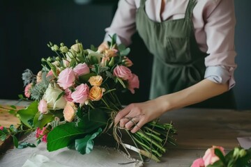 A florist is carefully arranging a beautiful bouquet of pink and white roses, creating a stunning floral arrangement for a special occasion.